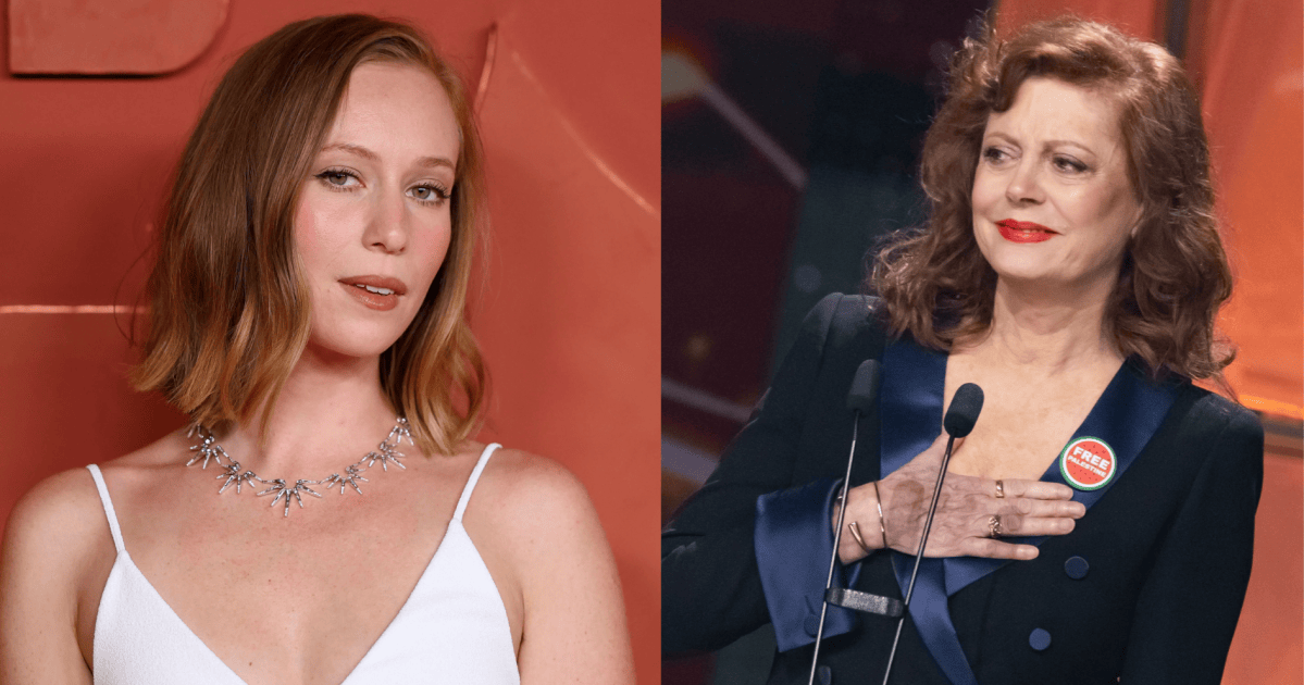 Atrizes Hannah Eibinder e Susan Sarandon sendo conduzidas por policiais em Nova York durante protesto