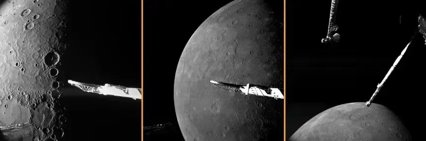 Imagem conceitual da missão BepiColombo se aproximando de Mercúrio