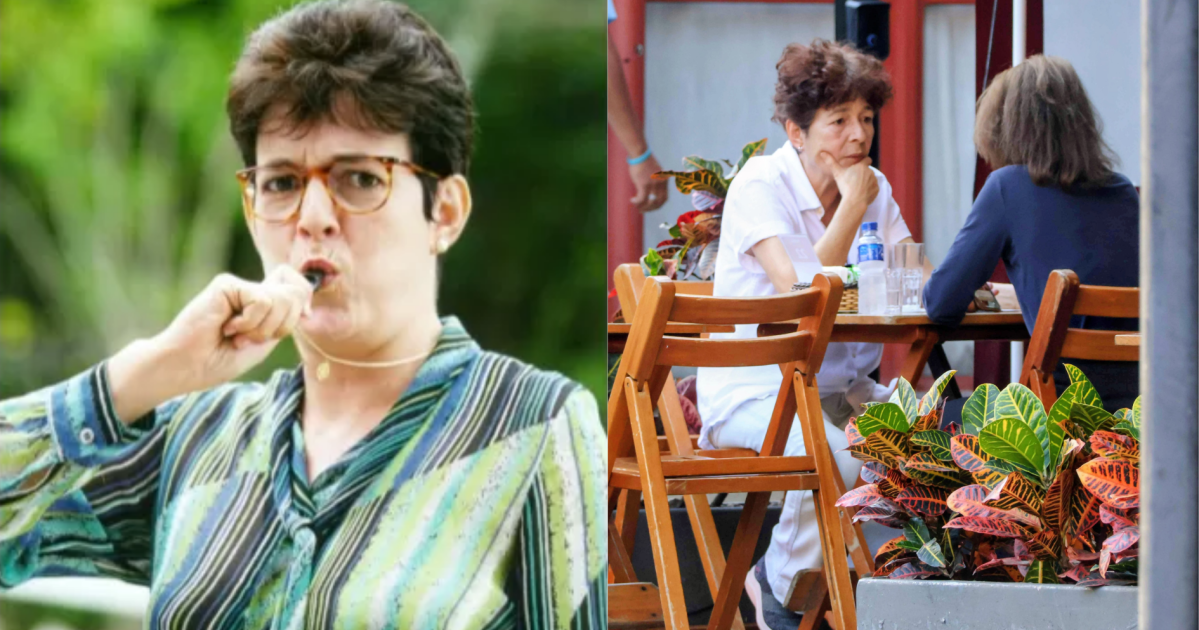 Atriz Bia Montez em cafeteria ao ar livre no Rio de Janeiro