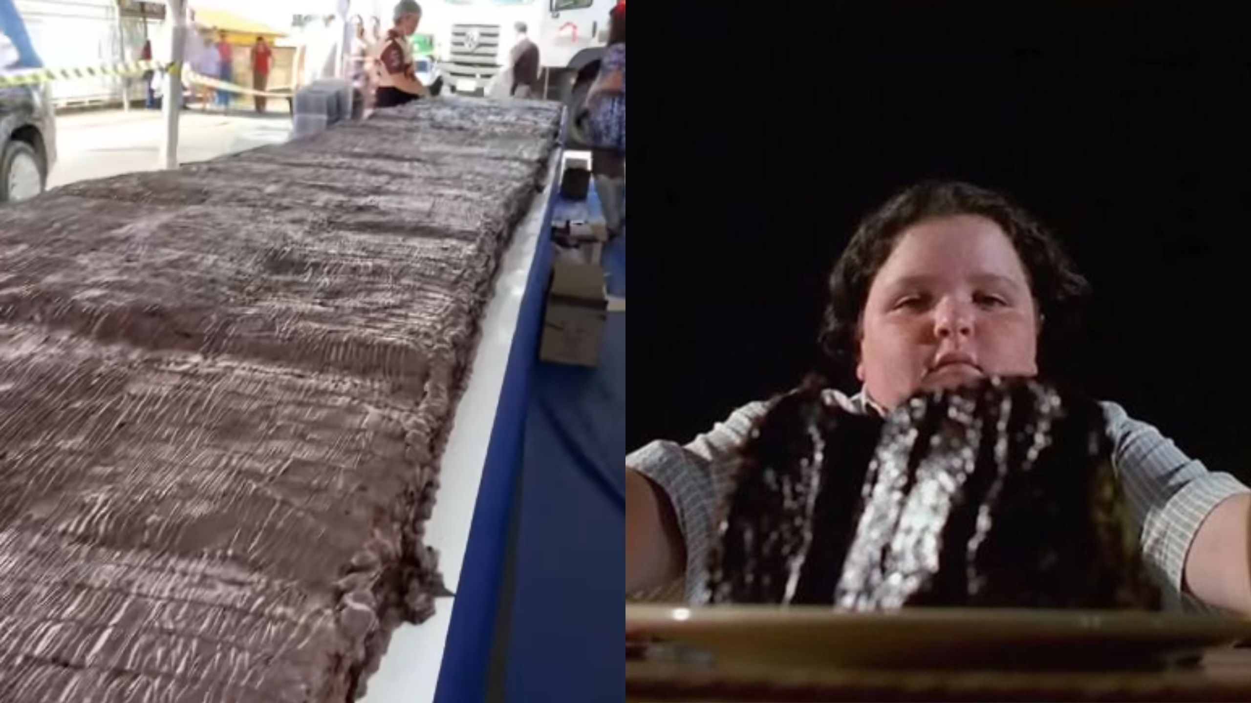 Confeiteira faz bolo de duas toneladas acompanhado de 600 litros de calda de chocolate inspirado no filme "Matilda"