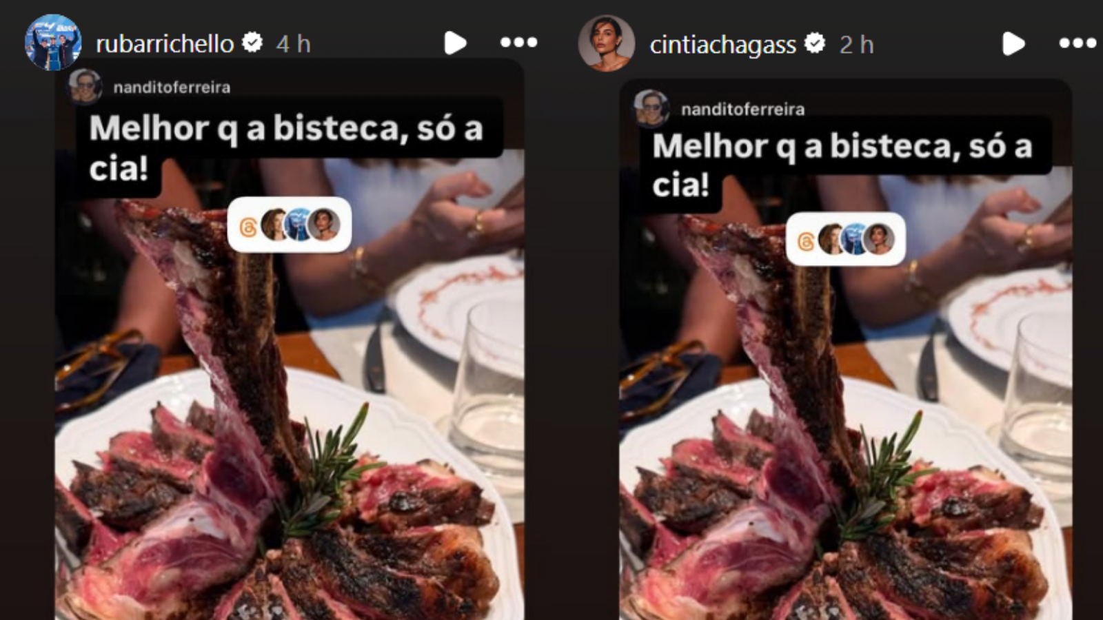 Rubens Barrichello e Cíntia Chagas republicam mesma foto em restaurante • Instagram/Rubens Barrichello/Cíntia Chagas