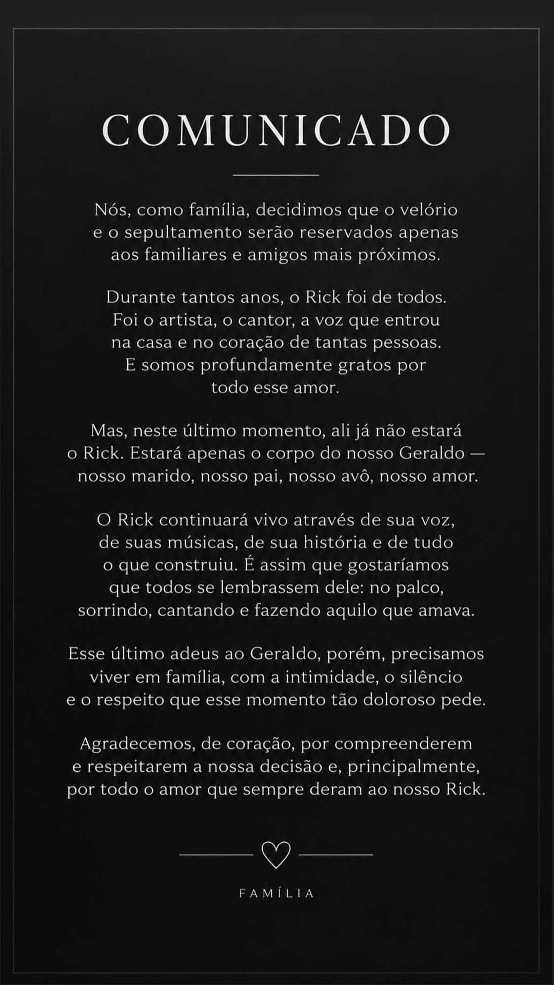 Geralda Helena compartilhou o que levou a família a optar por uma despedida privada para Rick Sollo • Instagram/Geralda Helena