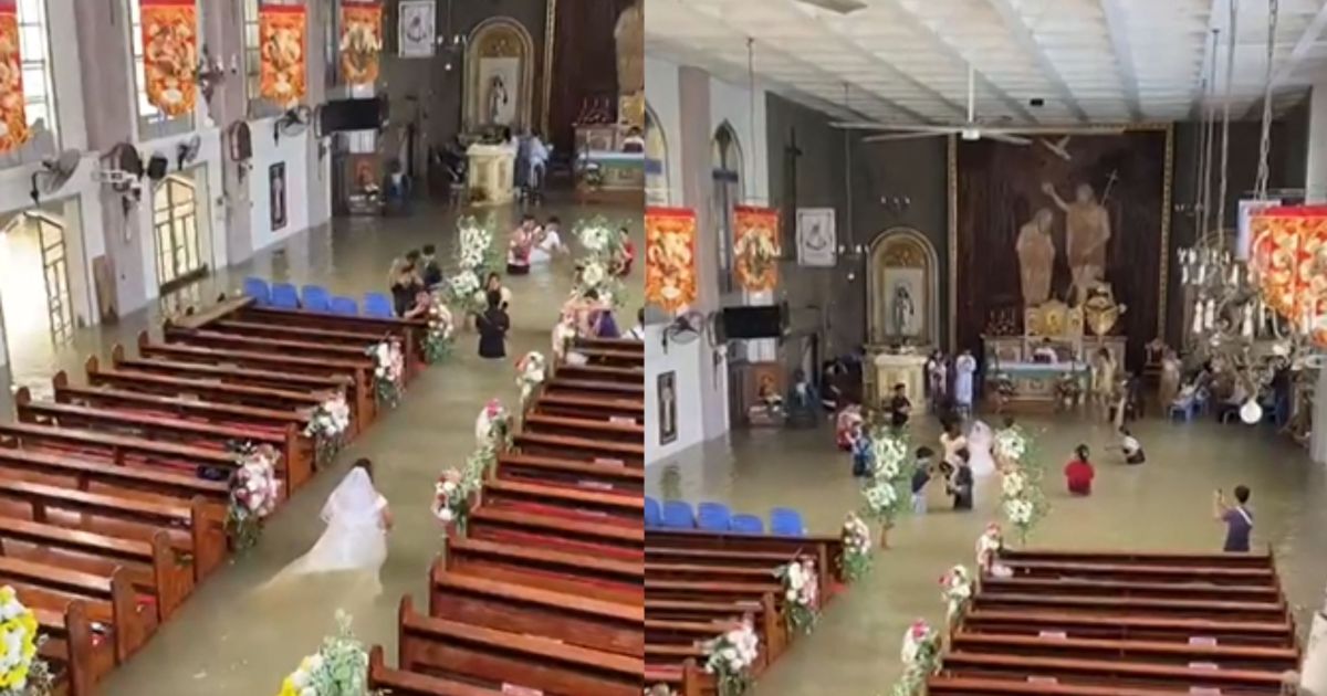 Noiva caminhando na água durante casamento em Hagonoy, Filipinas.