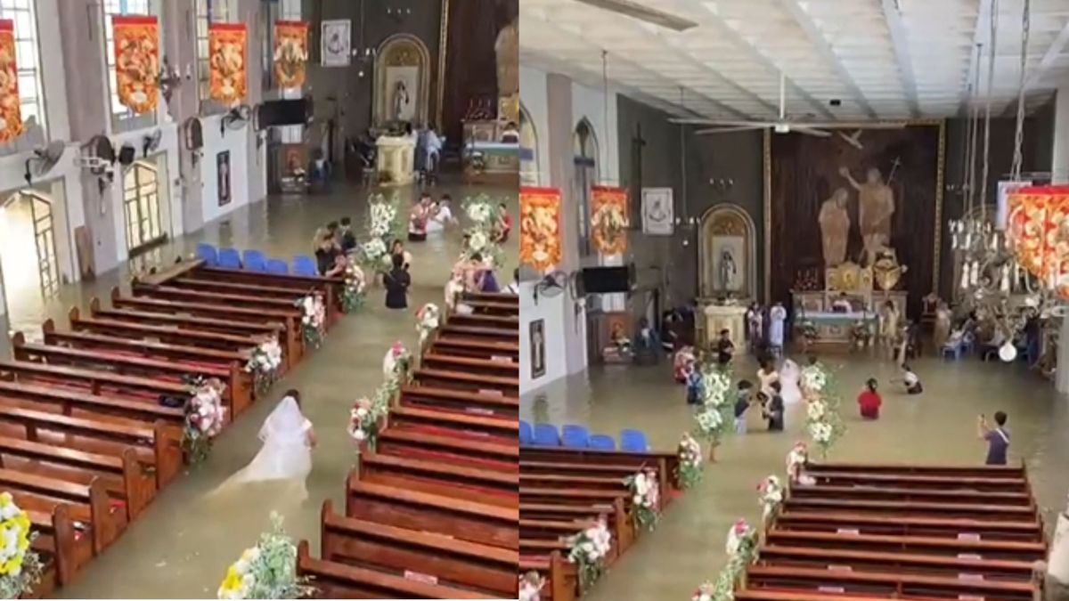 Noiva atravessa enchente com água batendo na cintura durante cerimônia de casamento