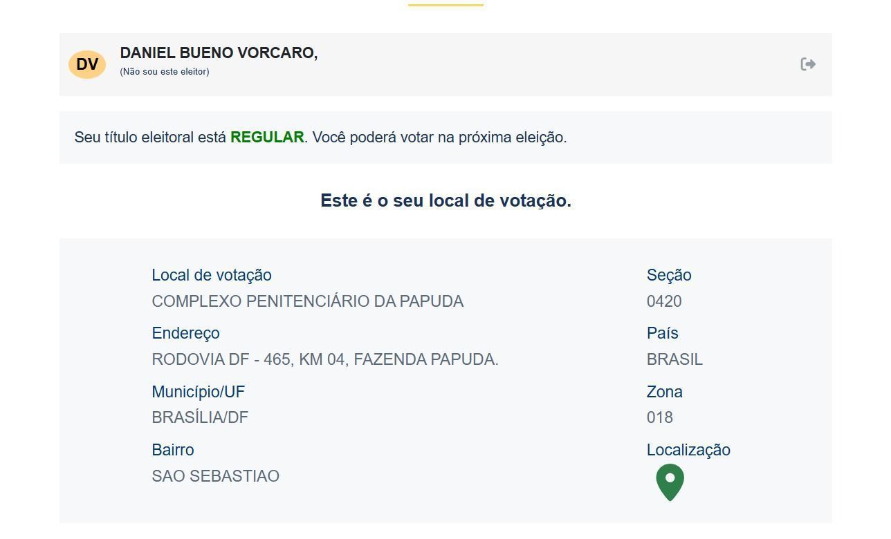 Consulta à Justiça Eleitoral mostra título de Daniel Vorcaro regular e local de votação no Complexo Penitenciário da Papuda, em Brasília • Reprodução/TSE