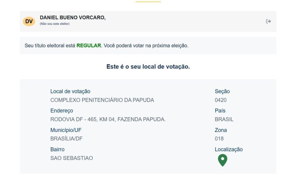 Consulta à Justiça Eleitoral mostra título de Daniel Vorcaro regular e local de votação no Complexo Penitenciário da Papuda, em Brasília