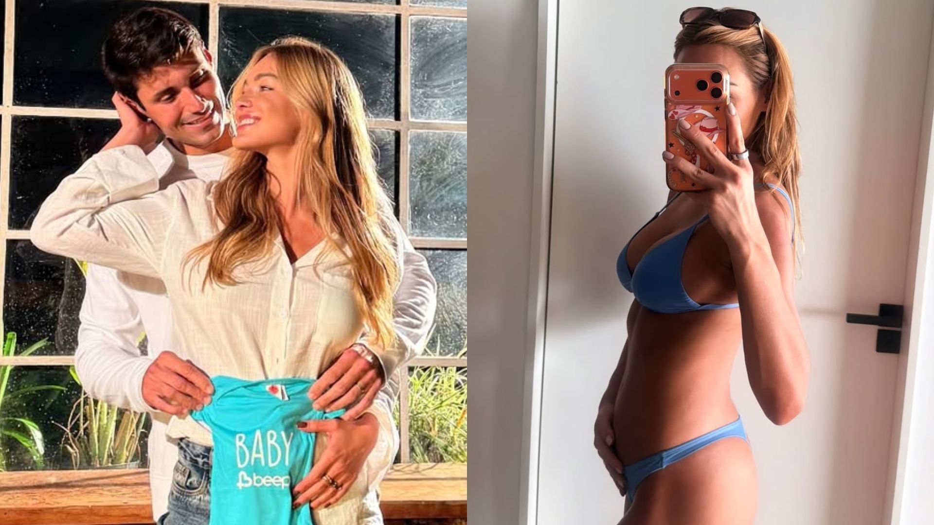 Barbara Heck com o marido e mostrando a barriga