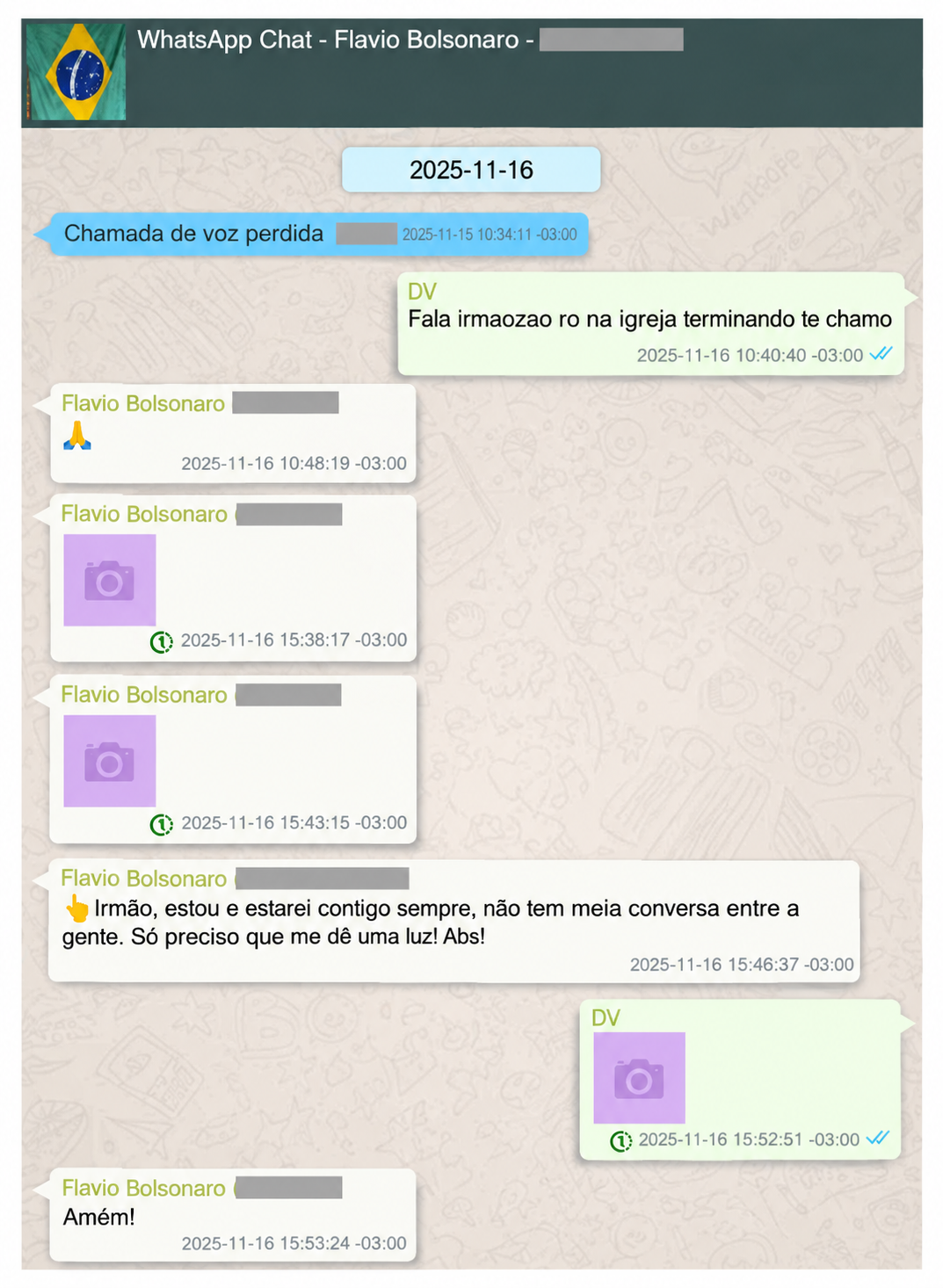 16/11/25: Últimas mensagens trocadas por Flávio e Vorcaro. O ex-banqueiro é preso no dia seguinte • Reprodução/PF