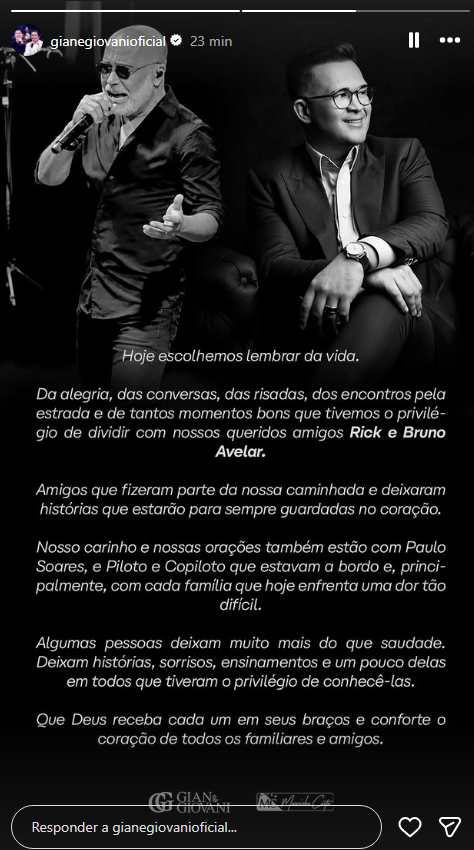 Gian e Govani publicam sobre morte de Rick Sollo • Instagram/ Gian e Giovani