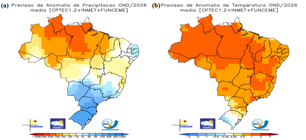 Previsão de anomalias de (a) precipitação (mm) e (b) temperatura média do ar (°C) para o trimestre outubro, novembro, dezembro/2026, produzida conjuntamente pelo Inmet, CPTEC/Inpe e Funceme • Inmet