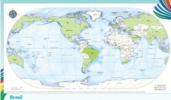 Mapa-múndi com o Brasil no centro do mundo. • IBGE