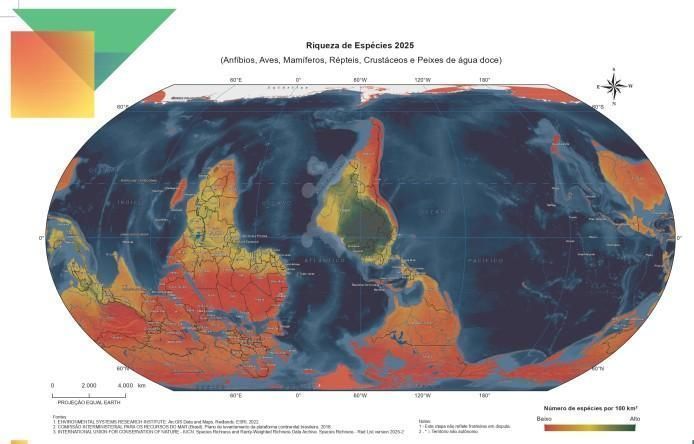 Mapa-múndi "Riqueza de Espécies 2025". • IBGE