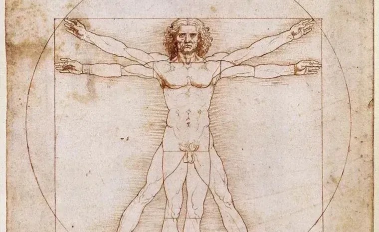 Esboço do Homem Vitruviano de Leonardo da Vinci mostrando a figura humana dentro do círculo e do quadrado