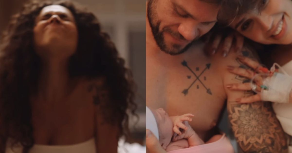 Imagem de Paula Amorim segurando sua filha Marina após o parto
