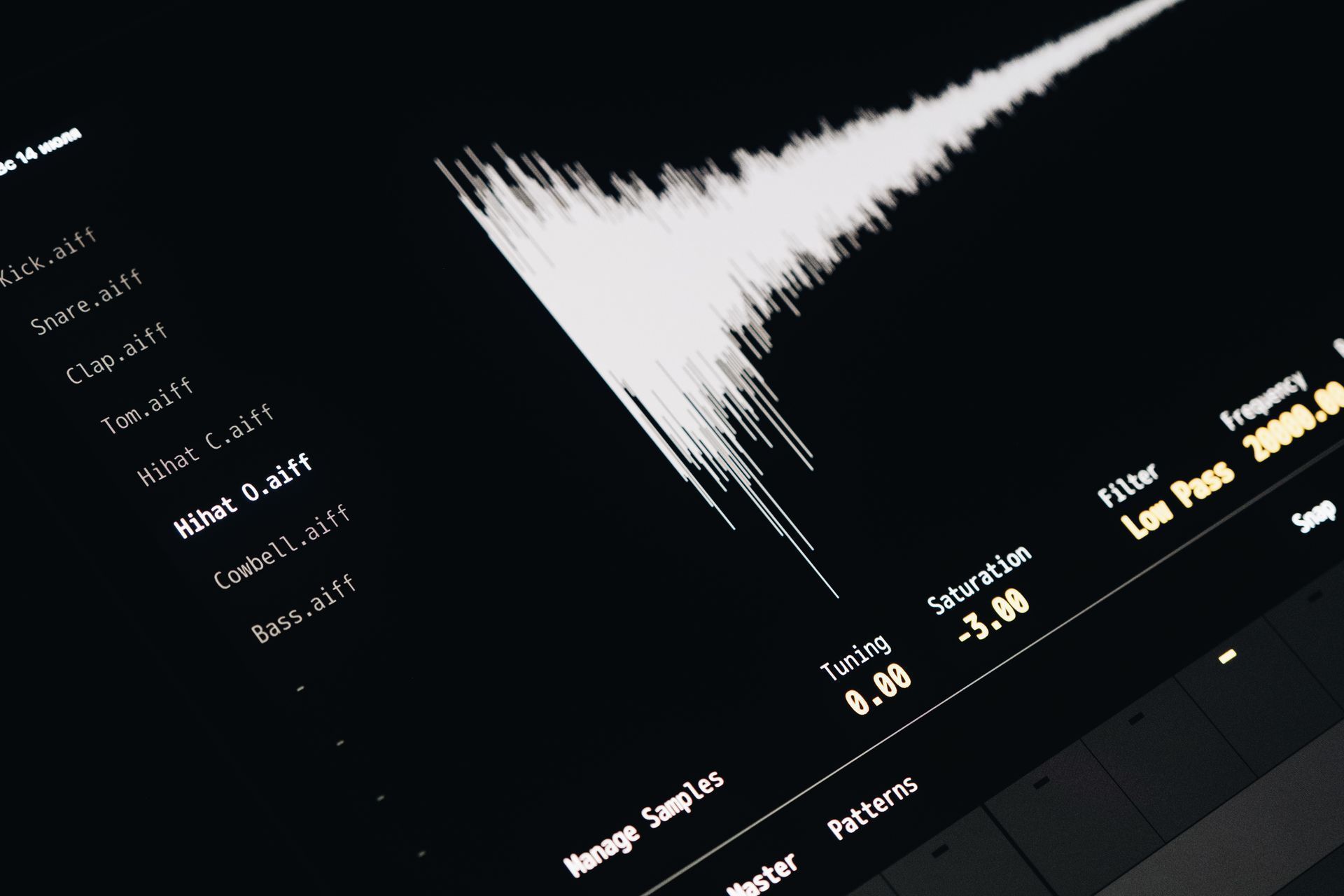 Forma de onda de áudio exibida em software de edição musical e produção digital de músicas