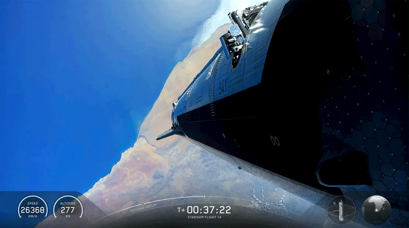 Nesta captura de tela de vídeo, a Starship da SpaceX lança satélites Starlink V3 durante seu 14º voo de teste em 28 de setembro. • Da SpaceX