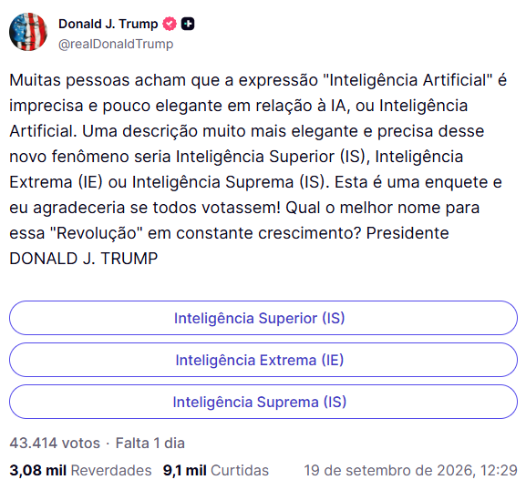 Publicação do presidente dos EUA, Donald Trump, sobre uma "Força de IA"
