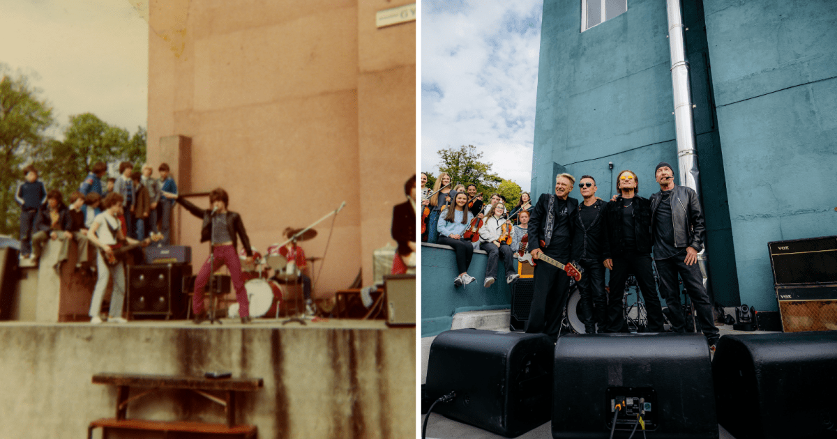 Membros do U2 tocando no pátio da escola Mount Temple em Dublin, com músicos de cordas representando os condados da Irlanda.