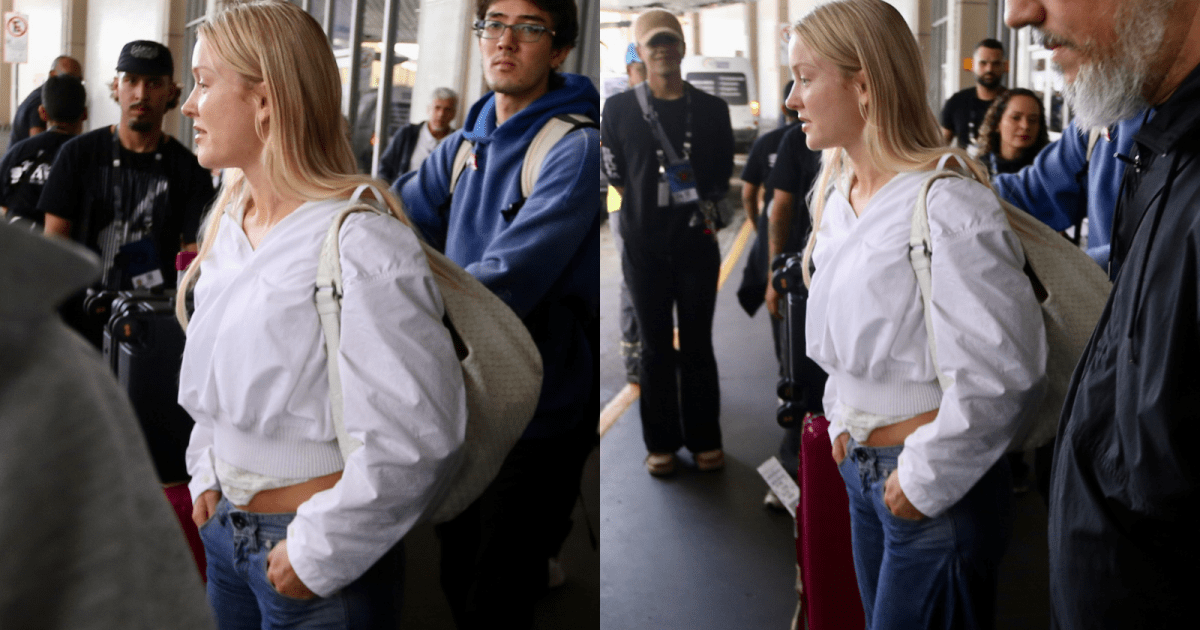 Zara Larsson chegando ao Aeroporto do Galeão, cercada por seguranças