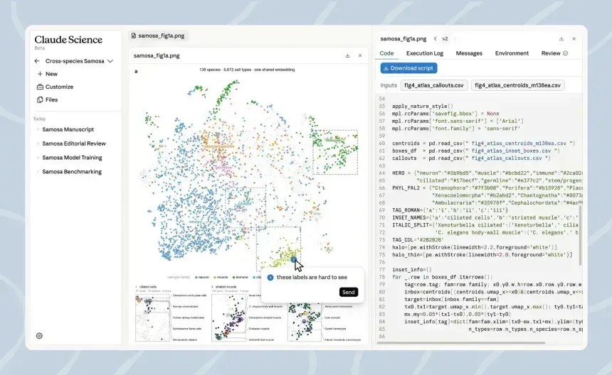 Interface do Claude Science, a ferramenta de IA para pesquisa lançada recentemente pela Anthropic. • De Antrópico