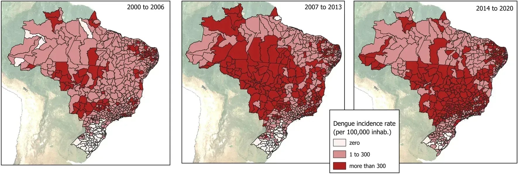 Taxas de incidência de dengue em micro-regiões do Brasil entre 2000 a 2006, 2007 a 2013 e 2014 a 2020 por 100.000 habitantes. • Mudanças climáticas, anomalias térmicas e a recente progressão da dengue no Brasil