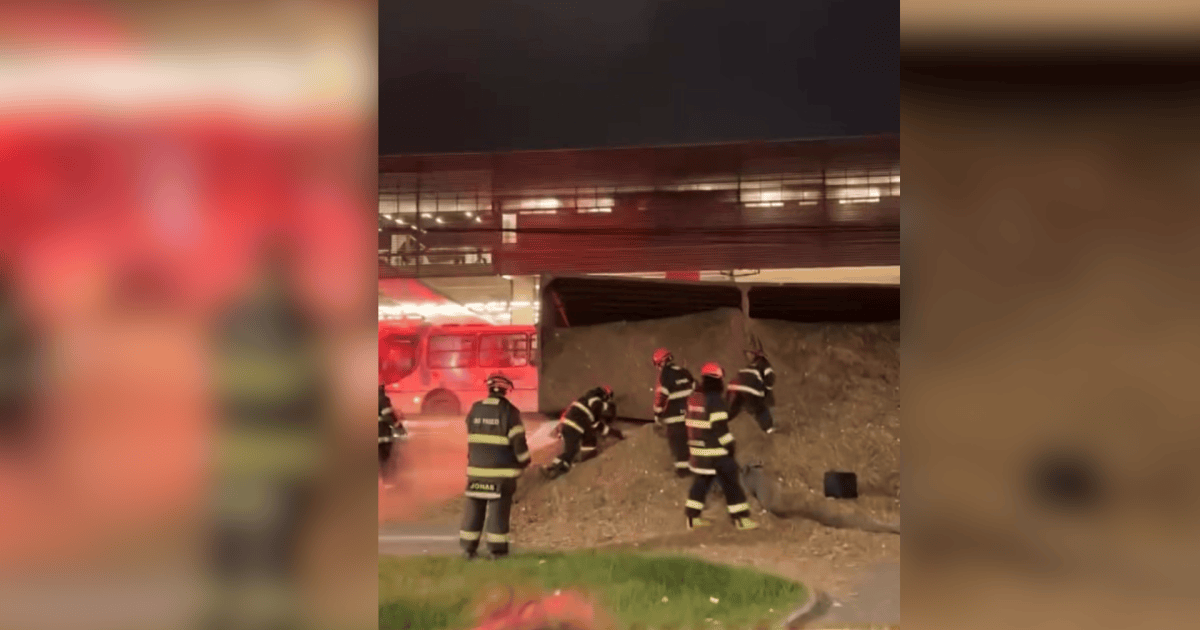 Truck carrying sawdust overturns onto two cars in Suzano