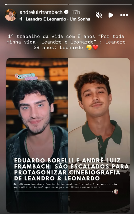 André Luiz Frambach celebra escalação para viver Leonardo, da dupla com Leandro, em novo filme • Instagram/André Luiz Frambach