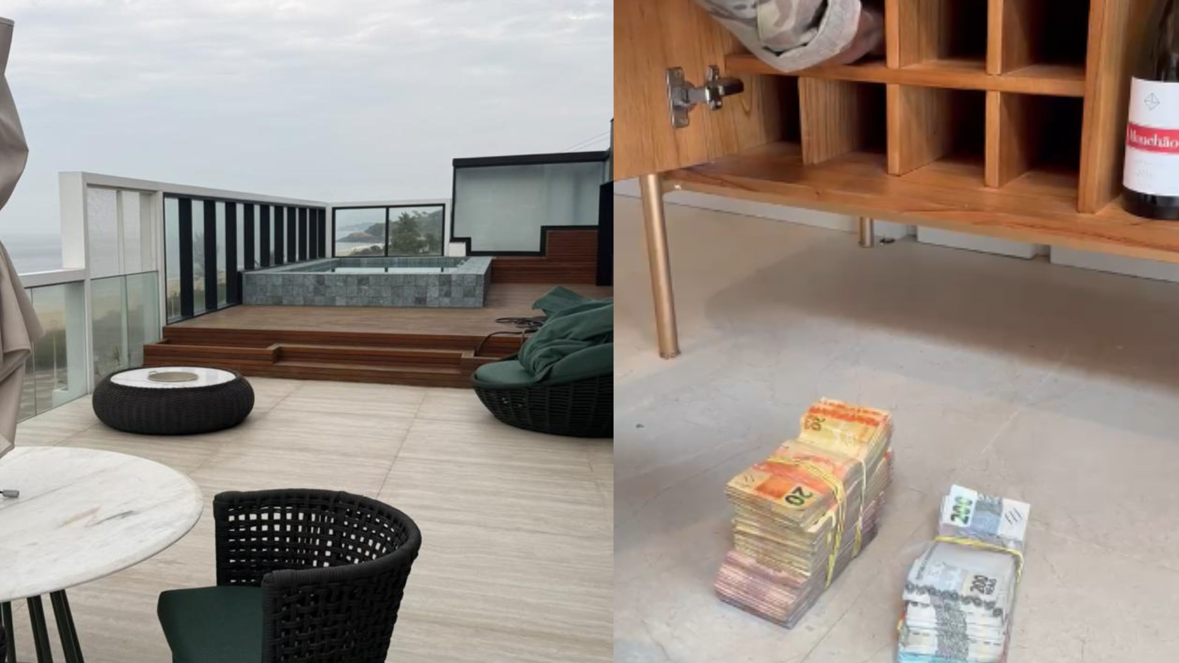 Cobertura em Niterói e dinheiro apreendido durante a operação Unha e Carne, deflagrada pela Polícia Federal nesta quinta-feira (15) • Reprodução