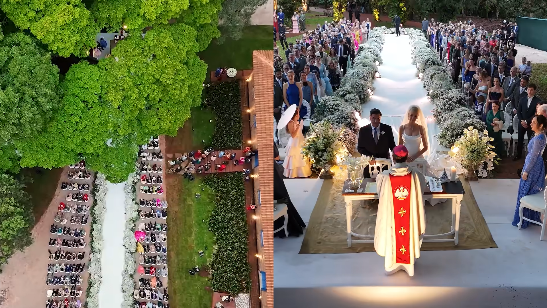 Vista aérea do jardim da Casa Gialla e cerimônia de casamento ao ar livre com noivos e celebrante no altar.