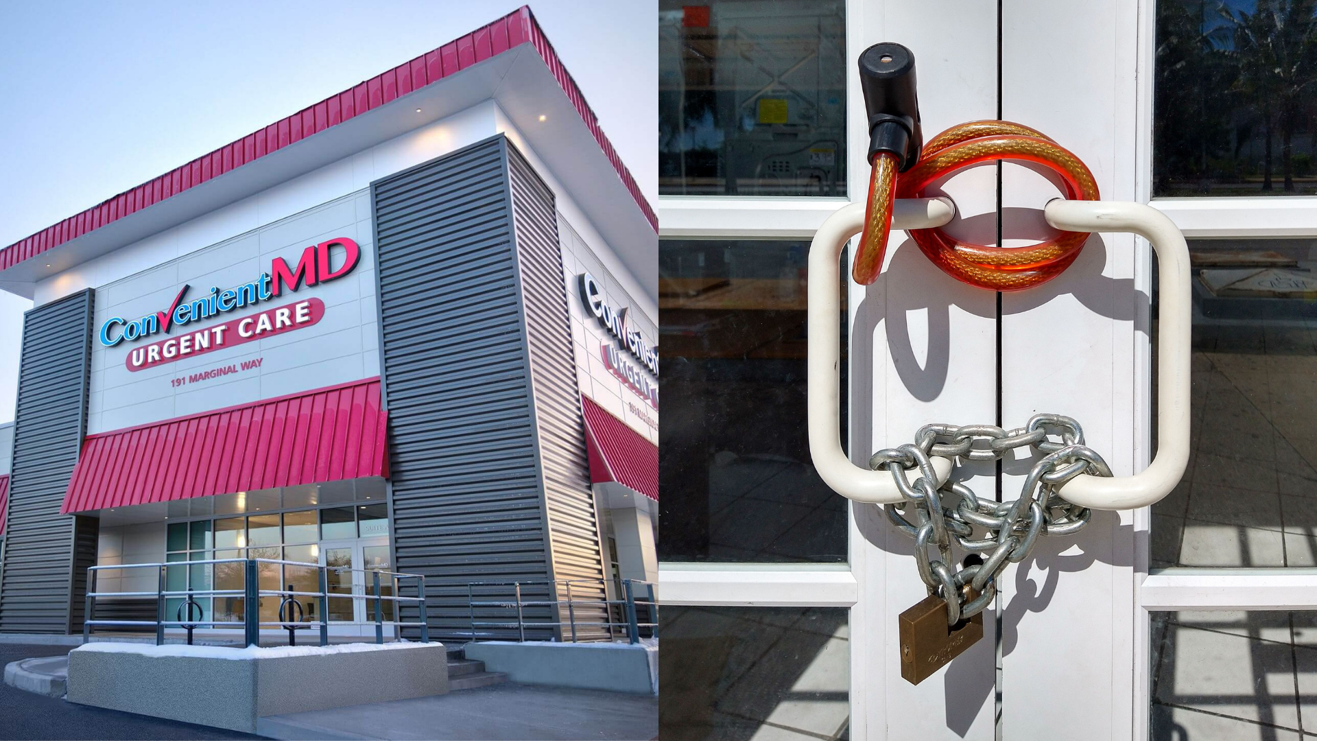 Clínica médica de vários andares com logo da Convenient MD ao lado de porta de vidro fechada com tranca e corrente