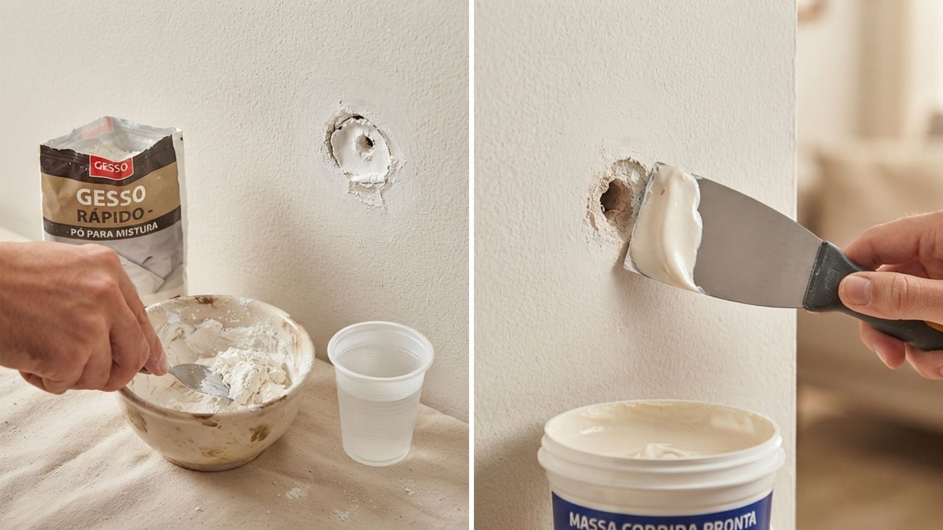 A mistura de gesso e água cria uma pasta de secagem rápida, ideal para o reparo definitivo de furos pequenos e médios. • Google