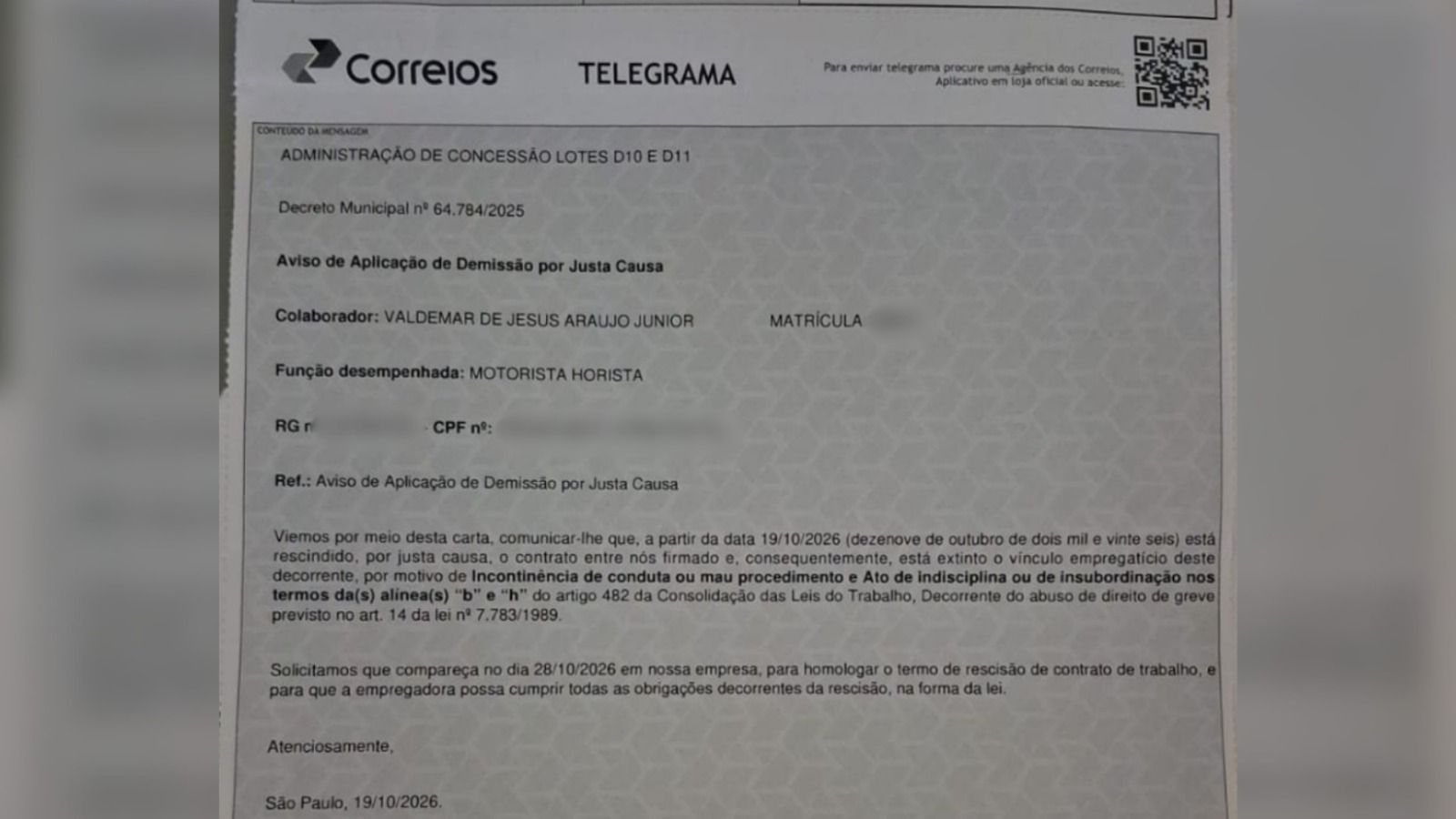Telegrama informando demissão por justa causa • CNN Brasil