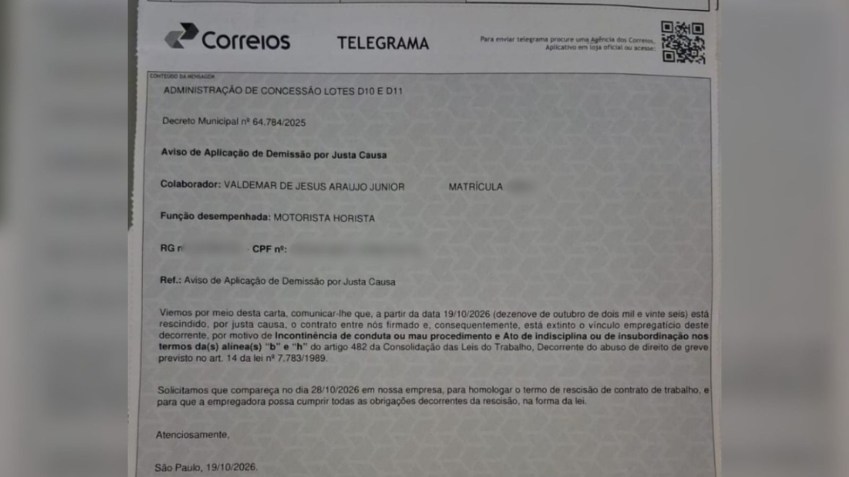 Telegrama informando demissão por justa causa • CNN Brasil