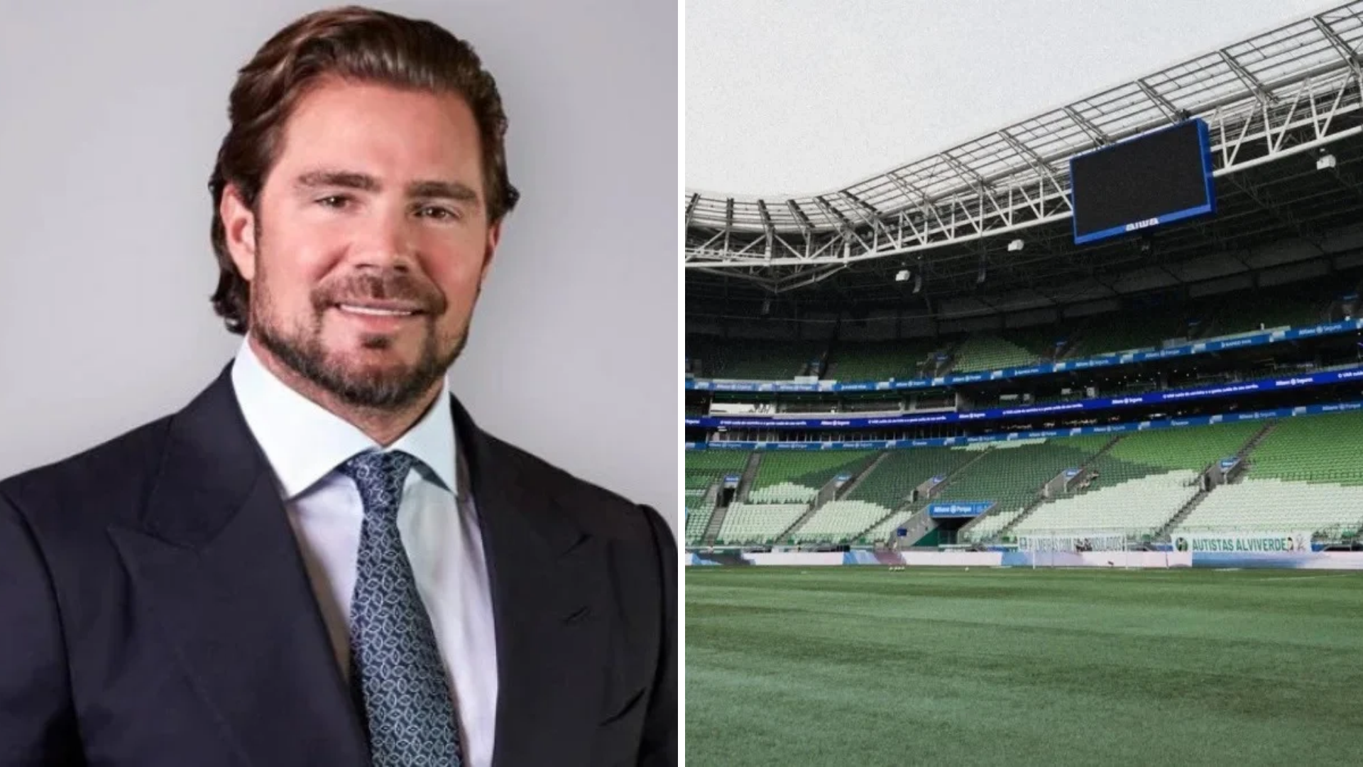 Montagem Daniel Vorcaro e estádio do Palmeiras