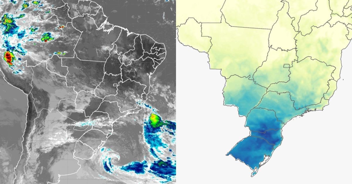 Imagem de nuvens e frio na região Sul do Brasil