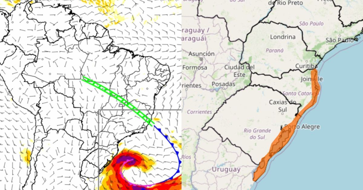 Mapa com previsão do tempo para o sul do Brasil mostrando nuvens, chuva e vento forte