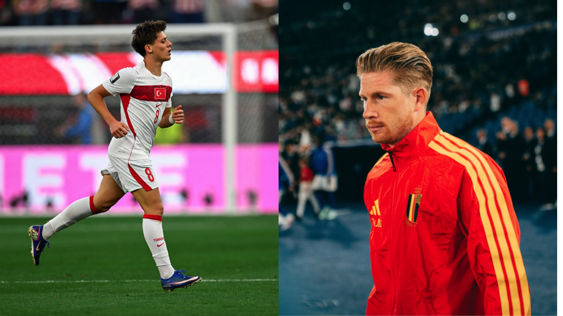 Arda Guller, jogador do Real Madrid e Turquia Kevin DeBruyne, jogador de Napoli e Bélgica