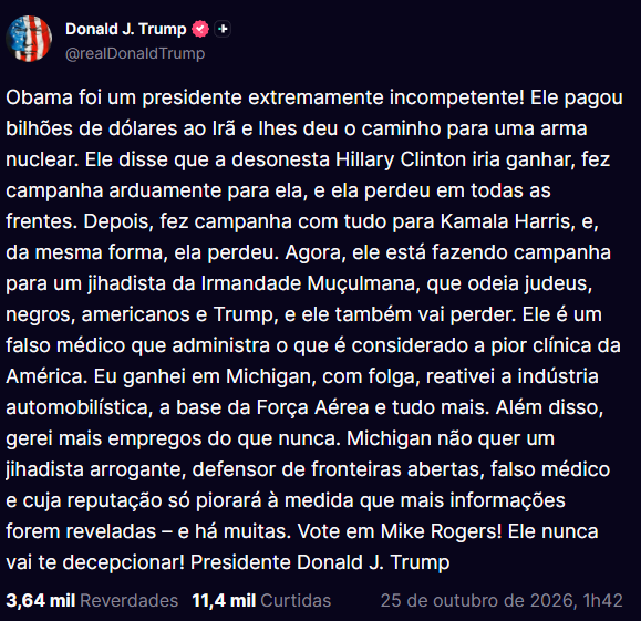 Donald Trump critica Barack Obama nas redes sociais - 25 de Outubro de 2026