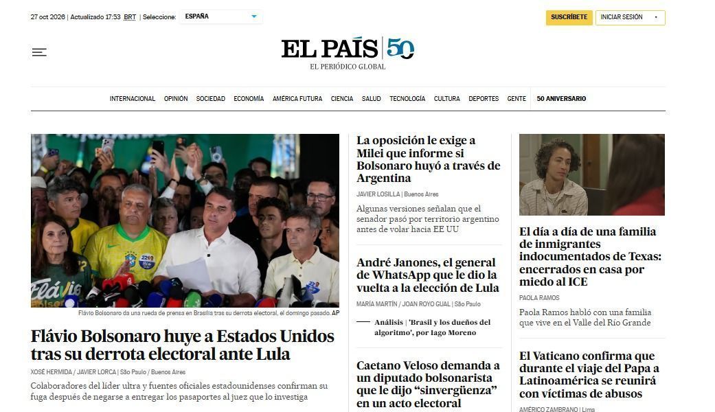 Título do jornal El País sobre a fuga de Flávio Bolsonaro • Reprodução/El País
