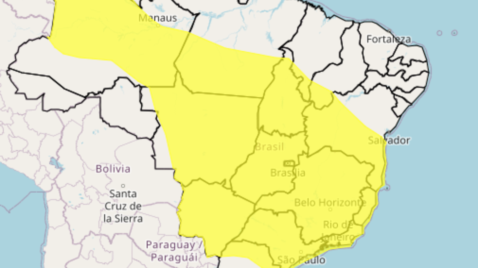Alerta amarelo prevê baixo risco de corte de energia elétrica, estragos em plantações, queda de galhos de árvores e de alagamentos • Reprodução/Inmet