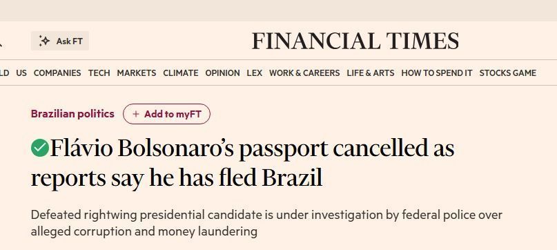 Título do jornal Financial Times sobre a fuga de Flávio Bolsonaro • Reprodução/Financial Times