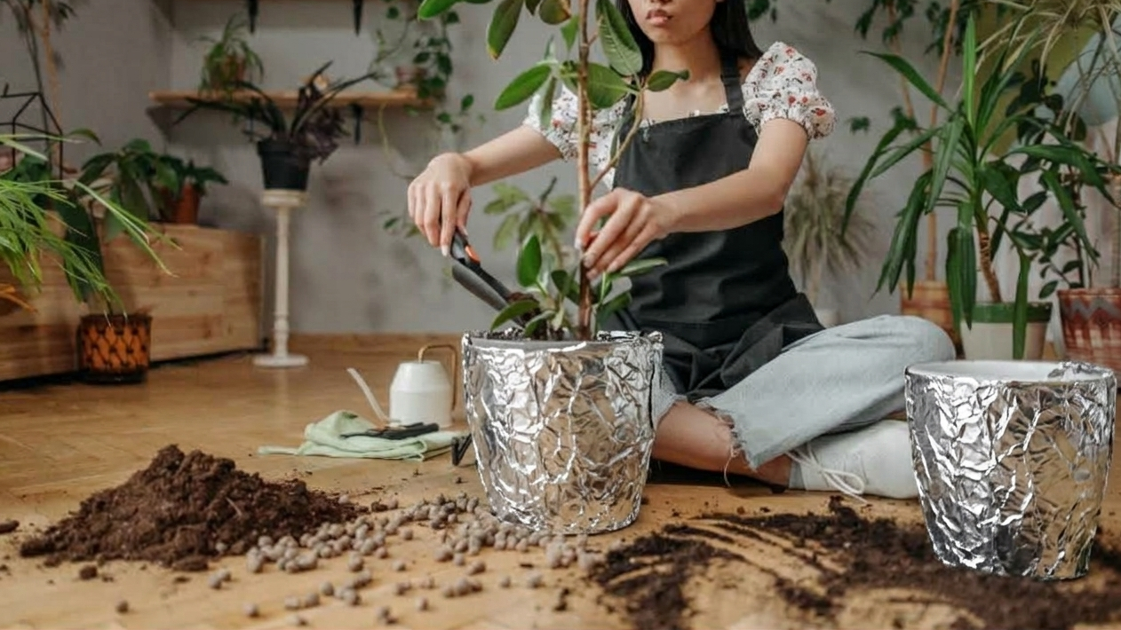 Mulher sentada no chão está colocando terra e uma planta dentro de um vaso coberto por papel alumínio