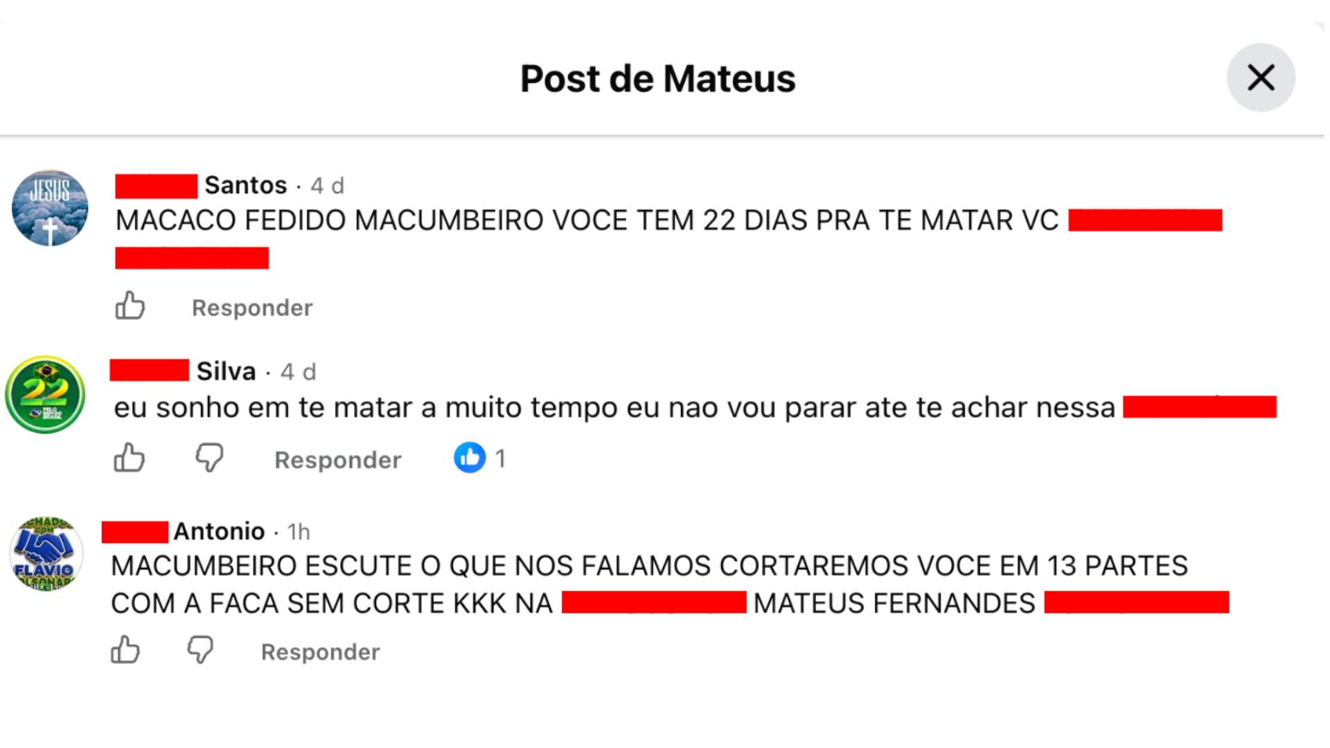 Comentários direcionados ao influenciador fazem referência à discursos de supremacia branca. • Arquivo Pessoal