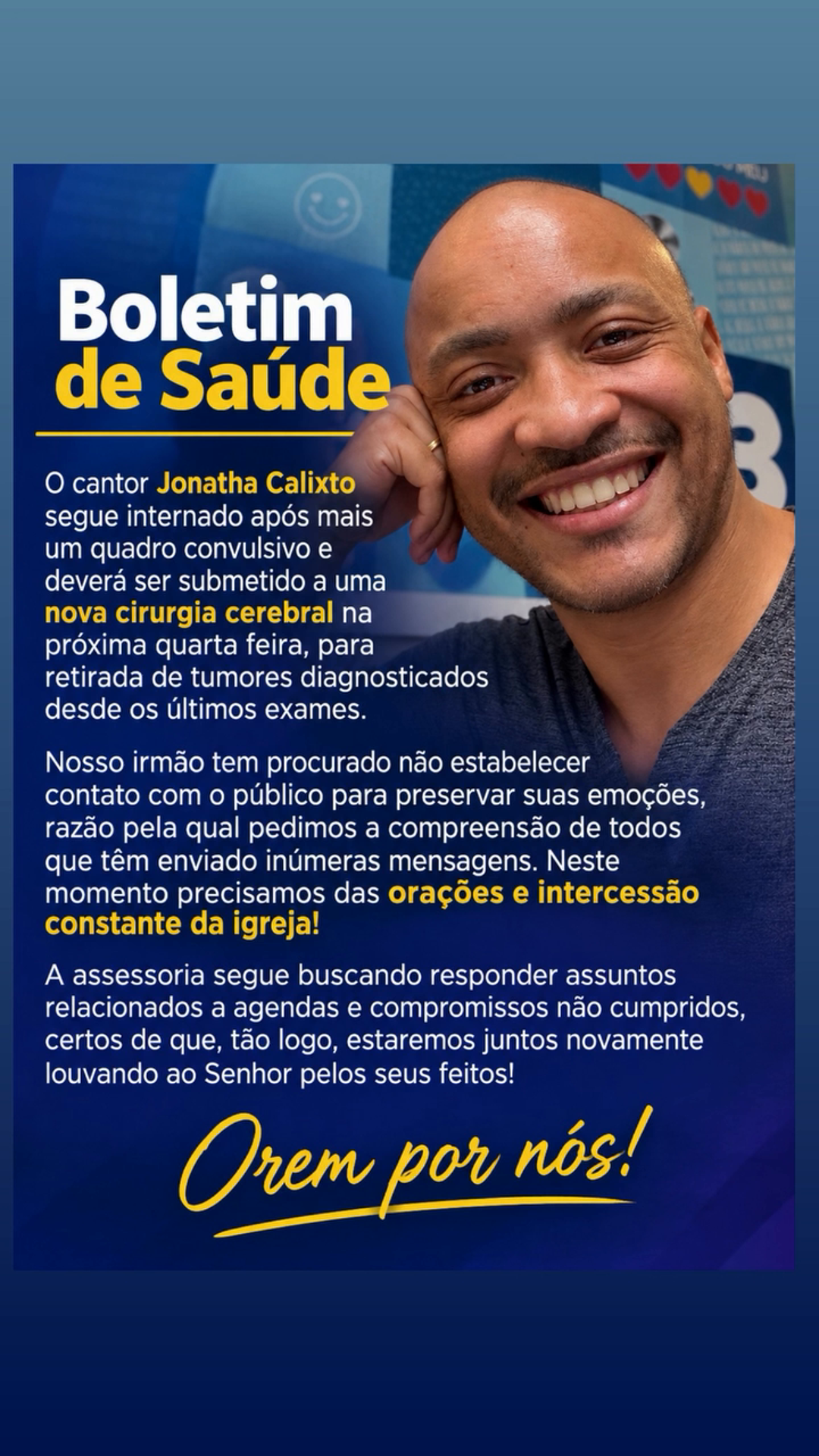 Cantor gospel está em tratamento contra um câncer em estágio avançado • Instagram/Jonatha Calixto