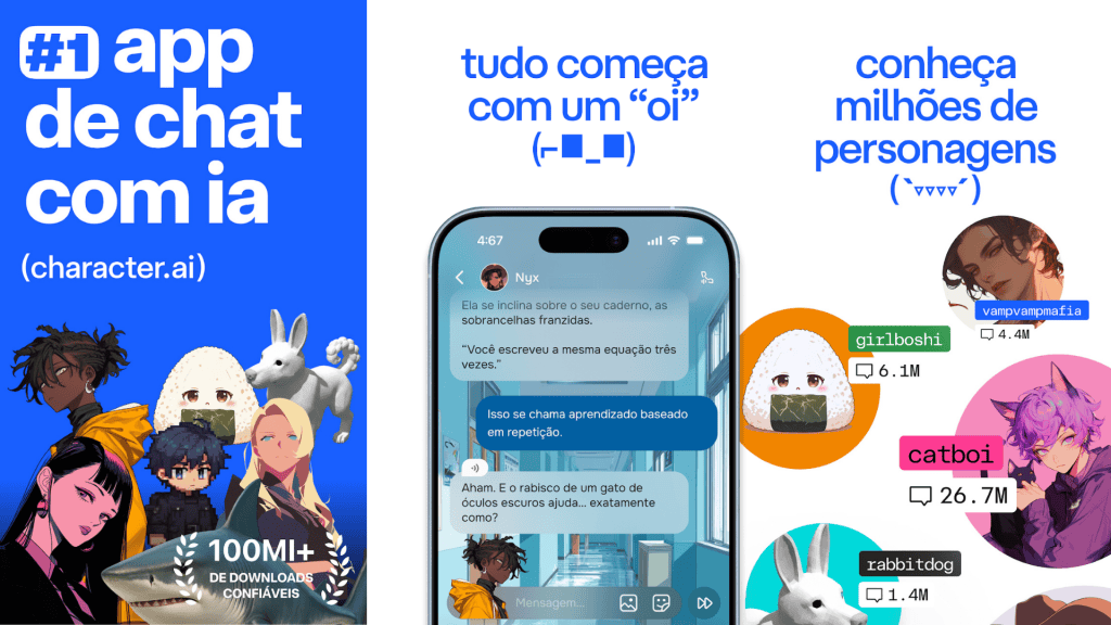 Imagens de divulgação da plataforma Character.ai mostram conversas com modelos de IA