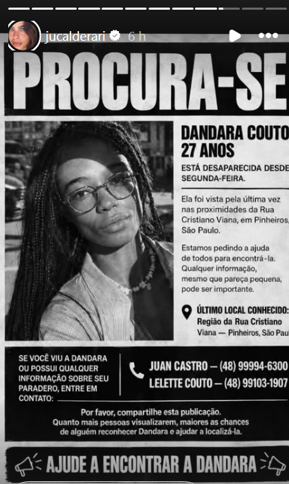 Juliana Calderari faz post sobre sumiço de Dandara Couto • Instagram/Juliana Calderari