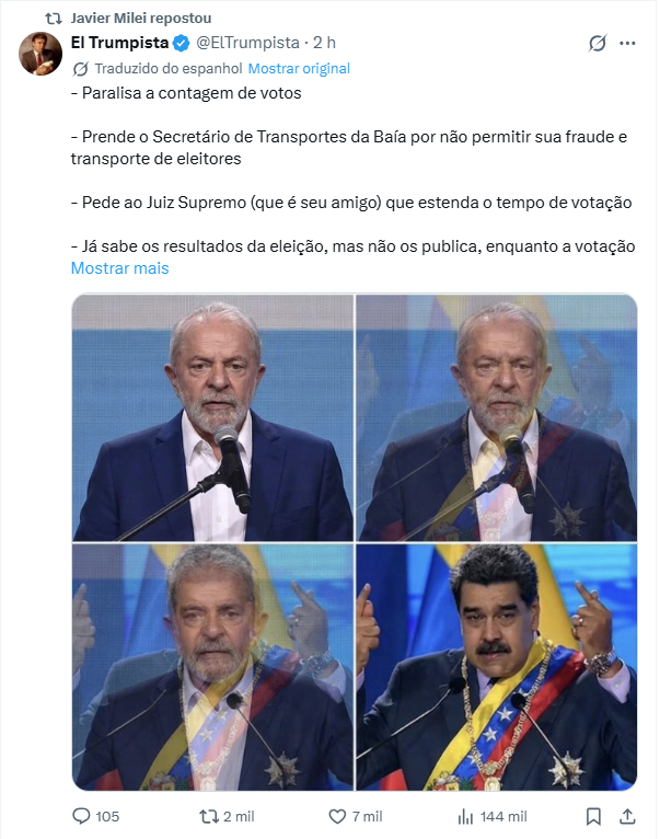 Milei compartilha post comparando Lula a Maduro apos prorrogação da votação