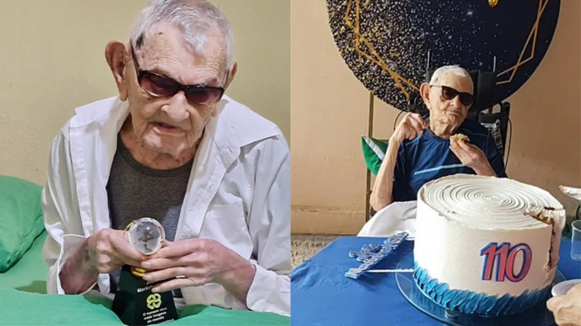 Um homem idoso, de pele branca, segura um troféu; à direita, o mesmo homem está em uma festa de aniversário, comendo bolo. A decoração do bolo mostra a idade: 110 anos