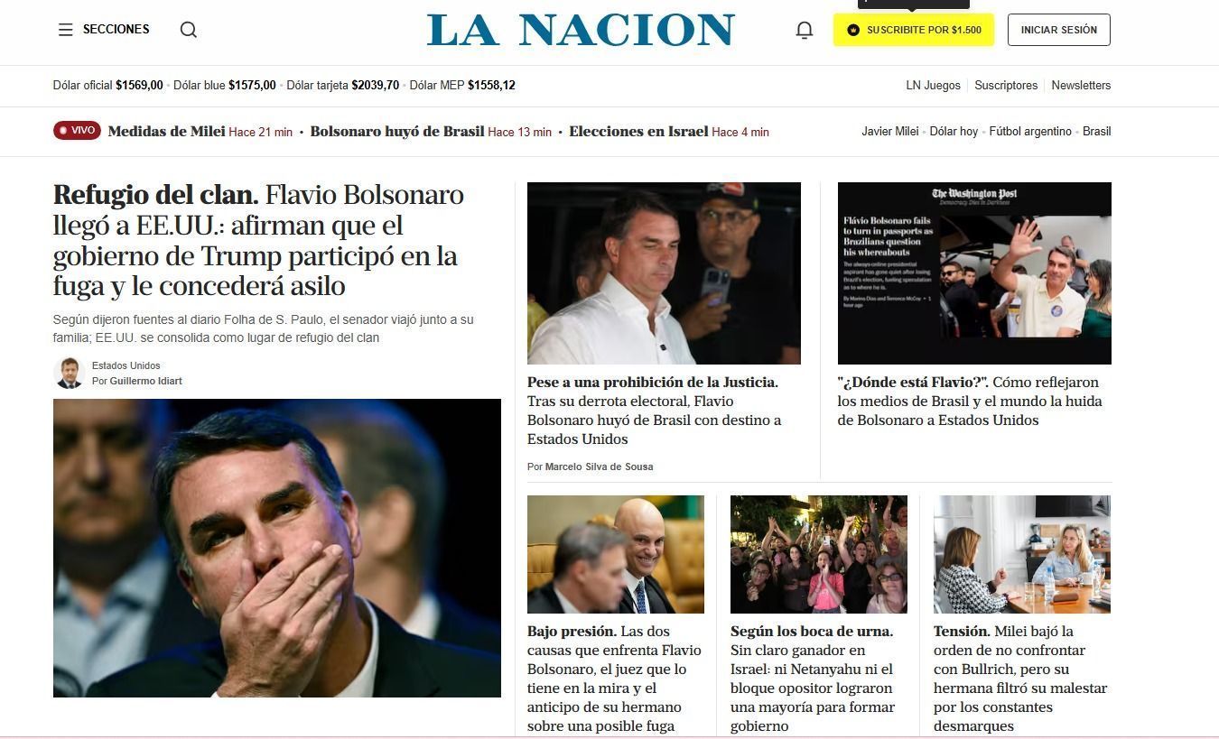 Título do jornal La Nación sobre a fuga de Flávio Bolsonaro • Reprodução/La Nación