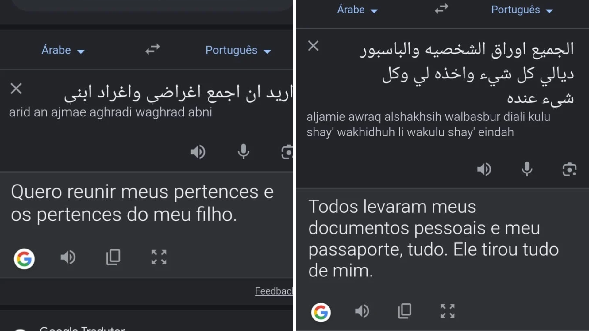 Prints de traduções do árabe para o português durante a comunicação da mulher com os policiais • Reprodução